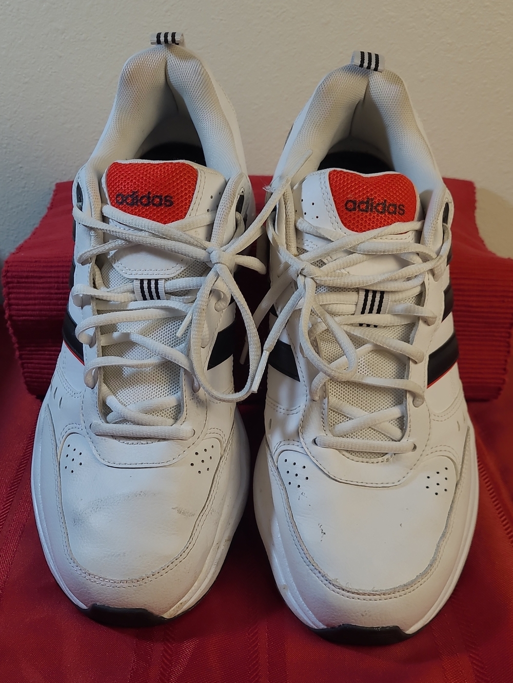 Adidas Strutter White Sneakers with Black Stripes and Red Tongue, Mens 11 EG2655